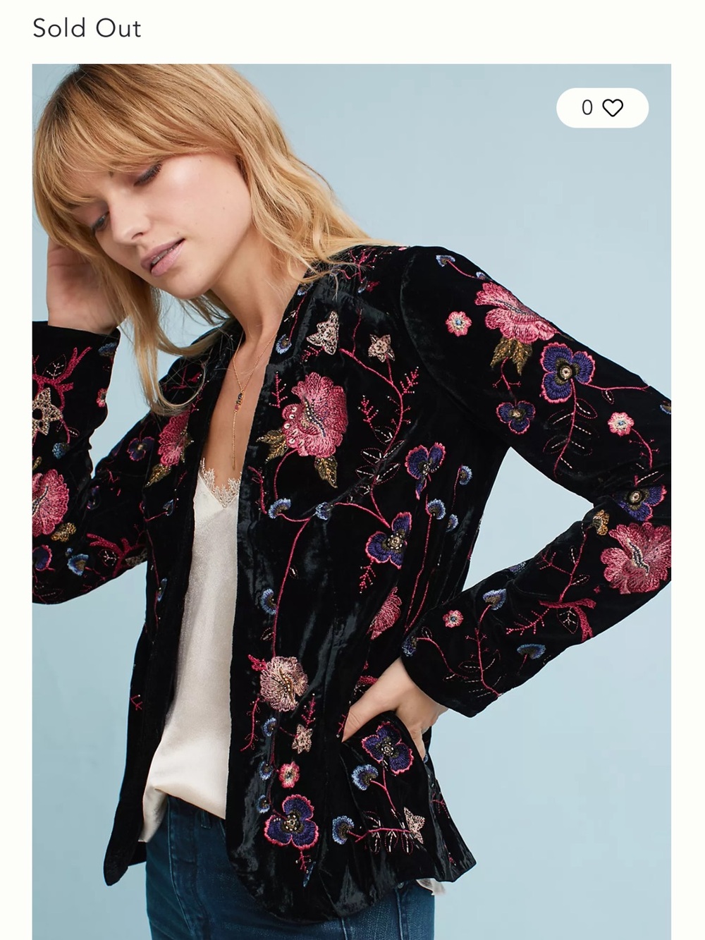 Anthropologie Black Velvet Bomber Jacket with Pink & Purple Floral Embroidery
